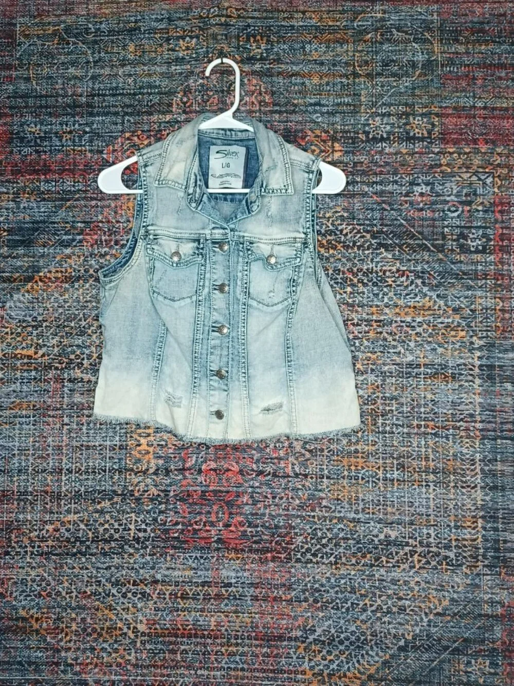Silver Jeans womens light wash distressed stretch cropped jean vest jacket L
